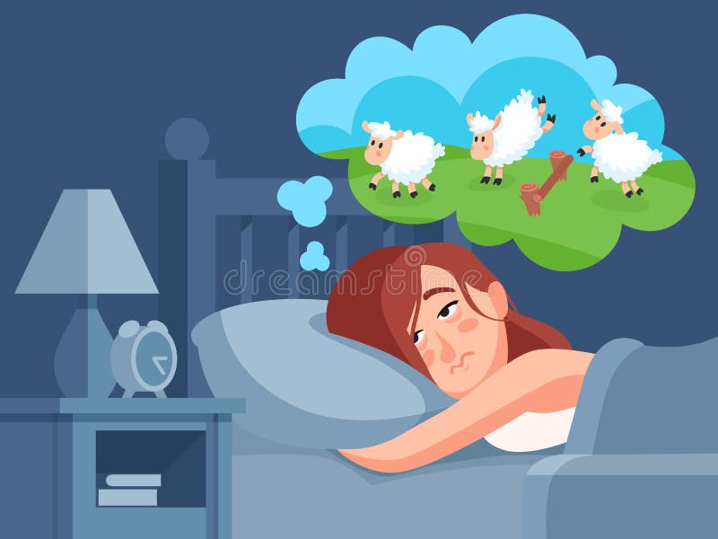 Woman counts sheep to sleep. Insomnia cartoon vector illustration. Girl counting sheep lie on pillow, insomnia and sleeplessness, sleeping and thinking. Woman counts sheep to sleep. Insomnia cartoon vector illustration. Girl counting sheep lie on pillow, insomnia and sleeplessness, sleeping and thinking