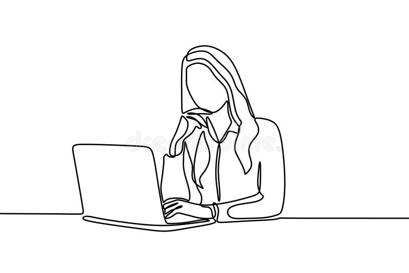 Kvinnor som arbetar på den fortlöpande en linjen minimalist design för kontor för teckning stock illustrationer Kvinnor som arbetar på den fortlöpande en linjen minimalist design för kontor för teckning stock illustrationer