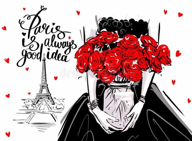 Kvinnor som håller blommor i bukett ros i paris stock illustrationer