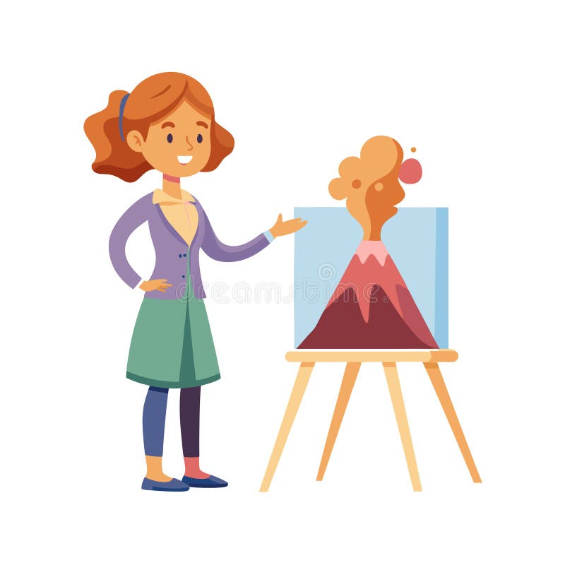 Kvinnor som presenterar ett vetenskapligt projekt : Volcano Experiment in Education Illustration vektor illustrationer