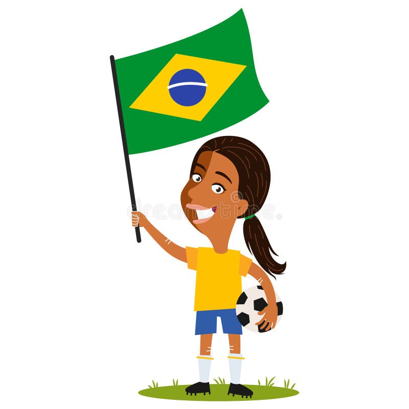 Kvinnors fotboll, kvinnlig spelare för Brasilien, tecknad filmkvinna som rymmer den brasilianska flaggan som bär den gula skjorta vektor illustrationer Kvinnors fotboll, kvinnlig spelare för Brasilien, tecknad filmkvinna som rymmer den brasilianska flaggan som bär den gula skjorta vektor illustrationer