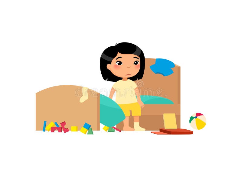 Kwaad kind in rommelige slaapkamer platvectorillustratie. klein aziatisch meisje in vieze flat cartoon