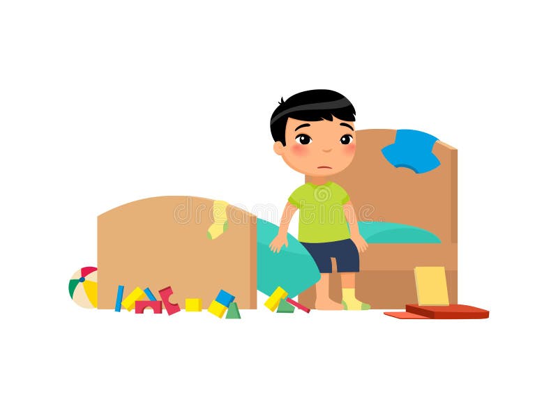 Kwaad kind in rommelige slaapkamer platvectorillustratie. kleine aziatische jongen in een vuil appartemententekenfilm