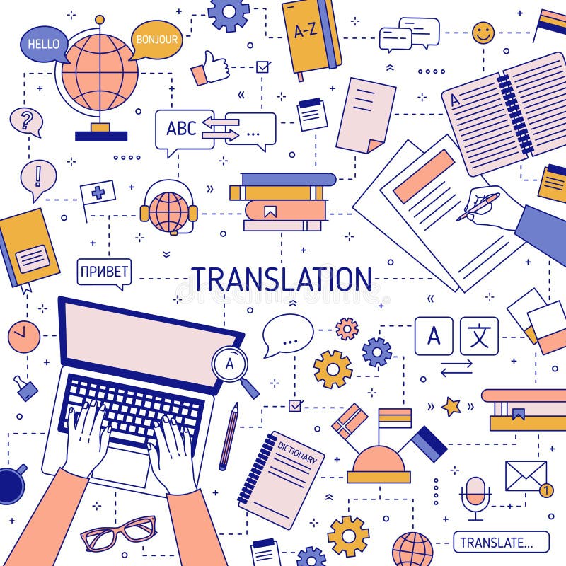 Kwadratowy sztandaru szablon z rękami tłumacze pisać na maszynie na laptop klawiaturze i pisze na papierze Przekład cudzoziemski ilustracja wektor