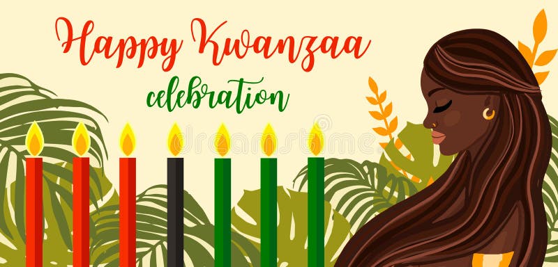 Kwangaa非洲裔美国文化传统庆典设计，点着蜡烛，美丽黑人女子. 万扎快乐 向量例证