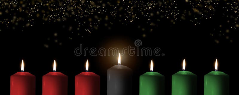 Kwanzaa holiday background with candle light of seven candle sticks in black, green, red symbolising 7 principles of African