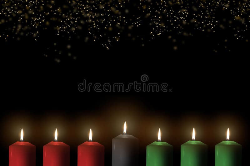 Kwanzaa holiday background with candle light of seven candle sticks in black, green, red symbolising 7 principles of African