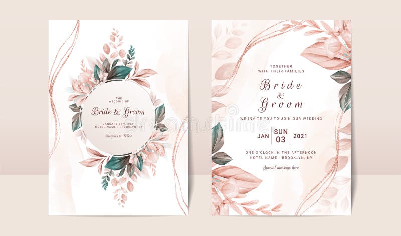 Kwiatowy szablon zaproszenia na ślub z eleganckim brązowym liściem dekoracji. koncepcja projektowania kart botanicznych