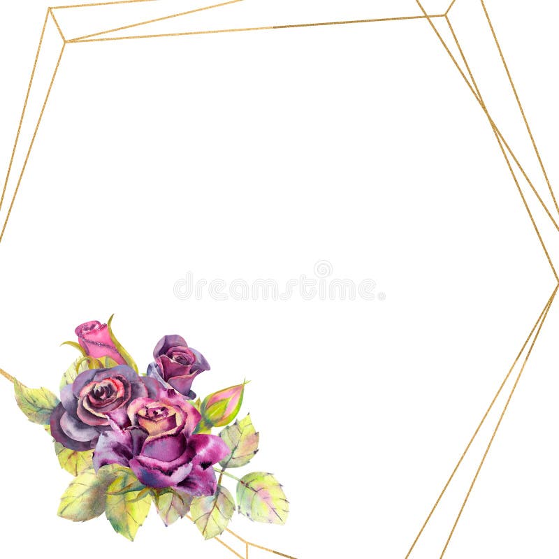 Kwiaty ciemne r??e, ziele? opuszczaj? w geometrycznej Z?otej ramie, sk?ad Poj?cie ?lubni kwiaty Kwiatu plakat, royalty ilustracja Kwiaty ciemne r??e, ziele? opuszczaj? w geometrycznej Z?otej ramie, sk?ad Poj?cie ?lubni kwiaty Kwiatu plakat, royalty ilustracja