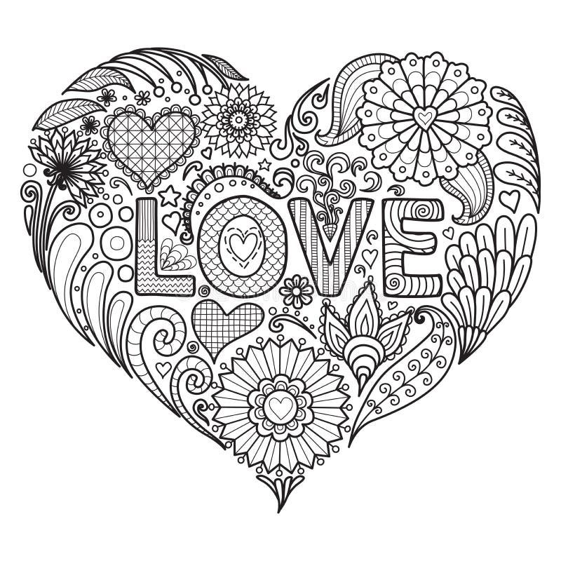 Flowers in heart shape for coloring books for adult or valentines card. Flowers in heart shape for coloring books for adult or valentines card