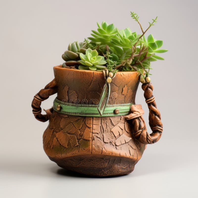 a plastic planter featuring succulents attached to a bag, showcasing a unique blend of ancient art styles. the design incorporates figurative textures reminiscent of celtic knotwork and traditional japanese art, while employing foreshortening techniques. the naturalistic colors and rustic simplicity add to the overall charm of this artistic arrangement. ai generated. a plastic planter featuring succulents attached to a bag, showcasing a unique blend of ancient art styles. the design incorporates figurative textures reminiscent of celtic knotwork and traditional japanese art, while employing foreshortening techniques. the naturalistic colors and rustic simplicity add to the overall charm of this artistic arrangement. ai generated