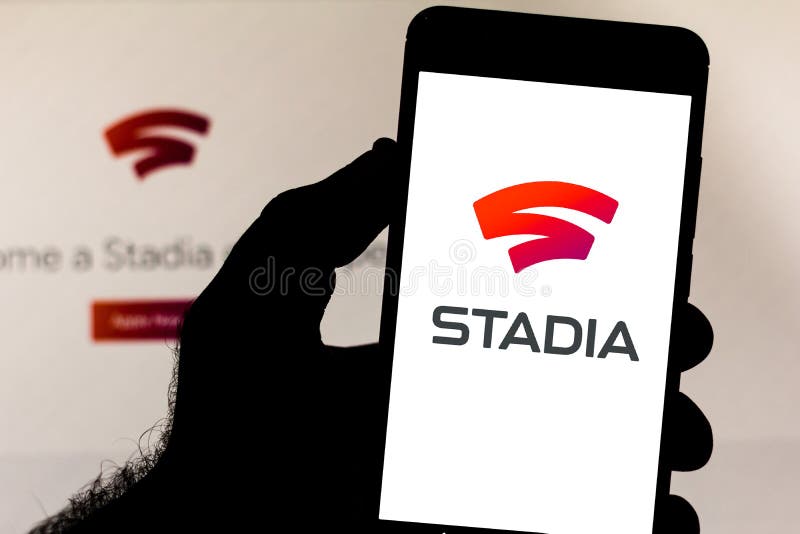 Kwiecień 5, 2019, Brazylia Google stadiów logo na urządzeniu przenośnym Stadia są leje się gra wideo usługą rozwijają Google fotografia stock Kwiecień 5, 2019, Brazylia Google stadiów logo na urządzeniu przenośnym Stadia są leje się gra wideo usługą rozwijają Google fotografia stock