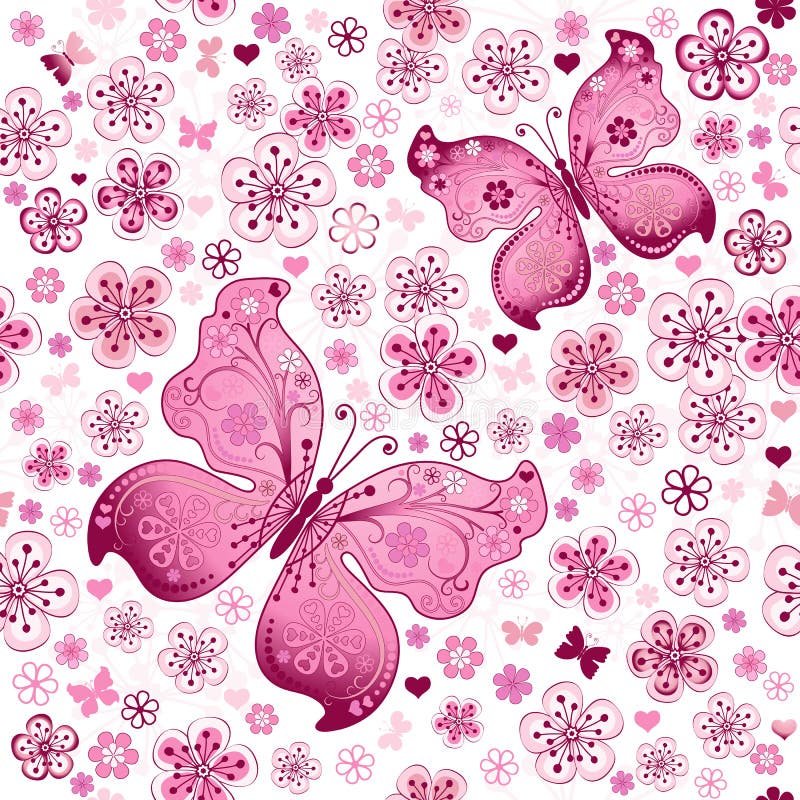 Seamless spring floral pattern with pink and purple flowers and butterflies (vector). Seamless spring floral pattern with pink and purple flowers and butterflies (vector)