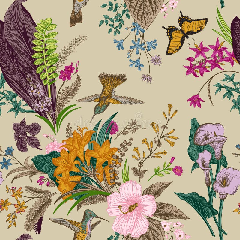 Vector seamless vintage floral pattern. Exotic flowers and birds. Botanical classic illustration. Colorful. Vector seamless vintage floral pattern. Exotic flowers and birds. Botanical classic illustration. Colorful