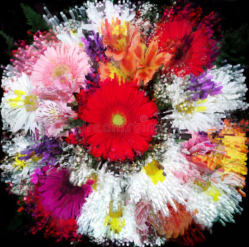 Floral background with stylized grunge striped vivid bouquet of chamomile,gerbera,lily with centifugal rays on black backdrop. Floral background with stylized grunge striped vivid bouquet of chamomile,gerbera,lily with centifugal rays on black backdrop