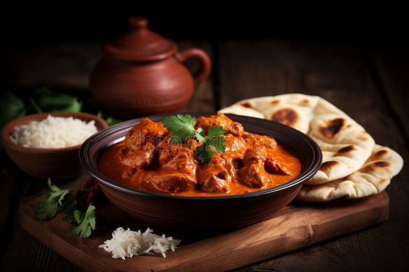 Kycklingtikka masala krydda curry meat food in a clay plate with rice and naan bröd on wooden base generative ai.