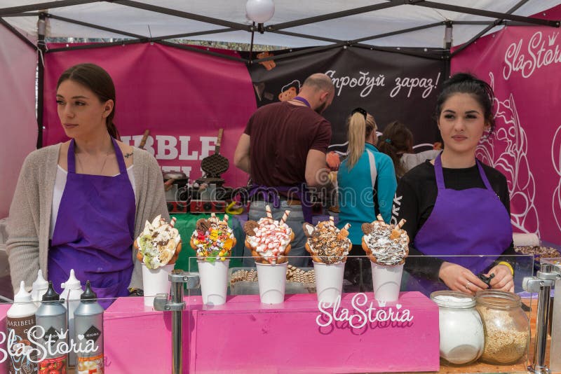 Ice cream with waffles at Wine Festival in Kyiv, Ukraine royalty free stock images Ice cream with waffles at Wine Festival in Kyiv, Ukraine royalty free stock images