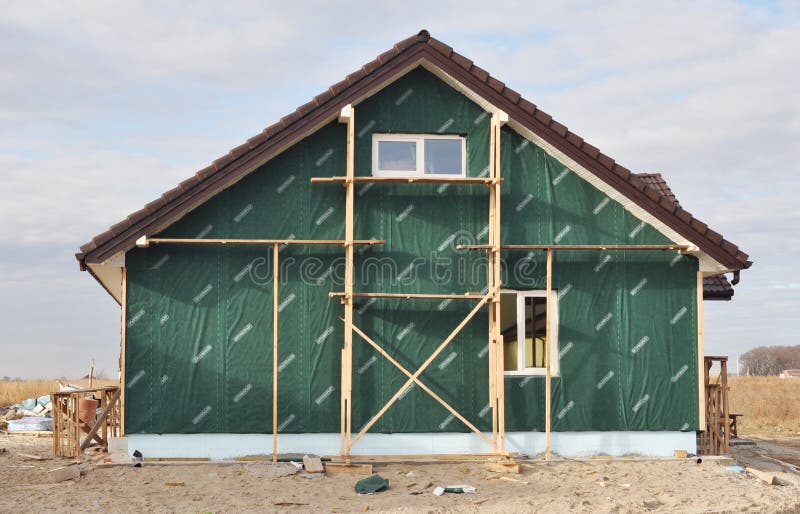 KYIV, UKRAINE August, 23, 2019 House Wall Insulation with Rock Wool