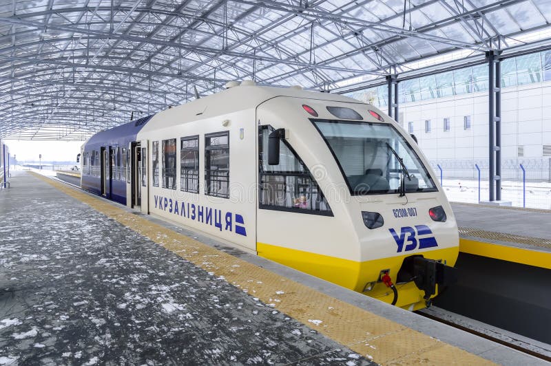 Kyiv, Ukraine - JAN 2019: Kyiv Boryspil Express Train. Fast railbus between Boryspil Airport KBP and Main Train Station