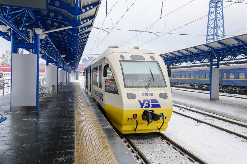 Kyiv, Ukraine - JAN 2019: Kyiv Boryspil Express Train. Fast railbus between Boryspil Airport KBP and Main Train Station