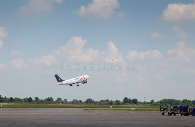 Kyiv, Ukraine - June 23, 2020: Cargo ULS aircraft. The plane lands at the international airport Boryspil. Terminal Runway D. Fly