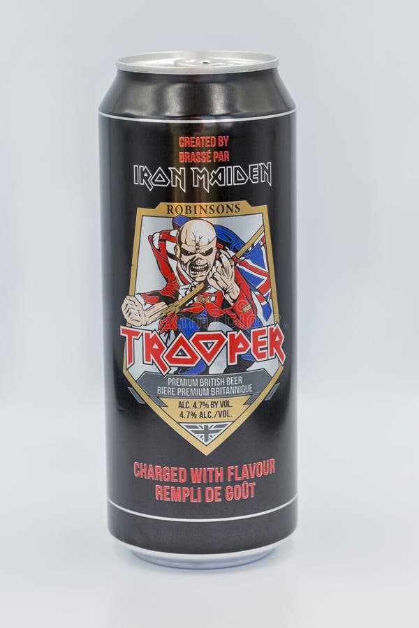 Iron Maiden Trooper Beer Can Closeup Against White Bacground