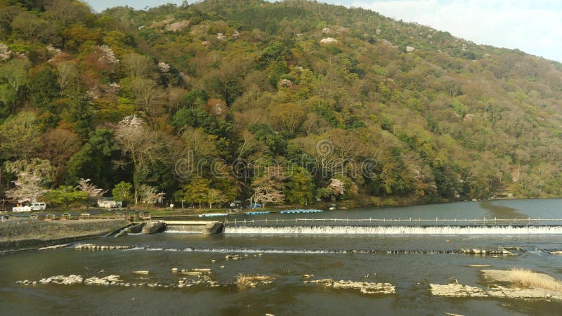 Panoramic view of Katsura river and Arashiyama, Kyoto, in spring