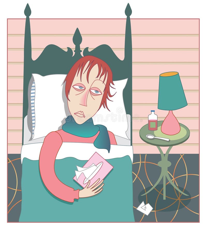 Woman in bed looking miserable with a head cold and flu, with tissue box and cough syrup. Woman in bed looking miserable with a head cold and flu, with tissue box and cough syrup