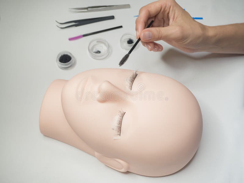 Kämmen der Peitschen Arbeit über Farbtonwimpern auf einem Mannequin Trainingswimpererweiterungen stockfotografie Kämmen der Peitschen Arbeit über Farbtonwimpern auf einem Mannequin Trainingswimpererweiterungen stockfotografie