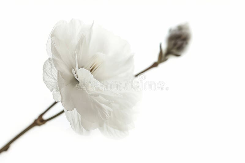 Känslig vit blomma med knoppar mot en ren vit bakgrund som framhäver enkelhet och naturskönhet stock illustrationer