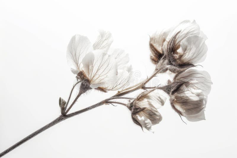Känslig vit blomma med knoppar mot en ren vit bakgrund som framhäver enkelhet och naturskönhet stock illustrationer