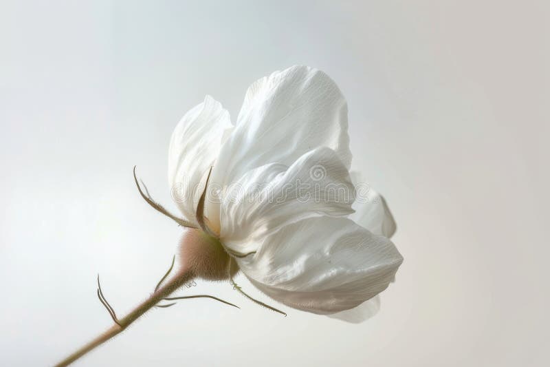 Känslig vit blomma med knoppar mot en ren vit bakgrund som framhäver enkelhet och naturskönhet royaltyfri illustrationer