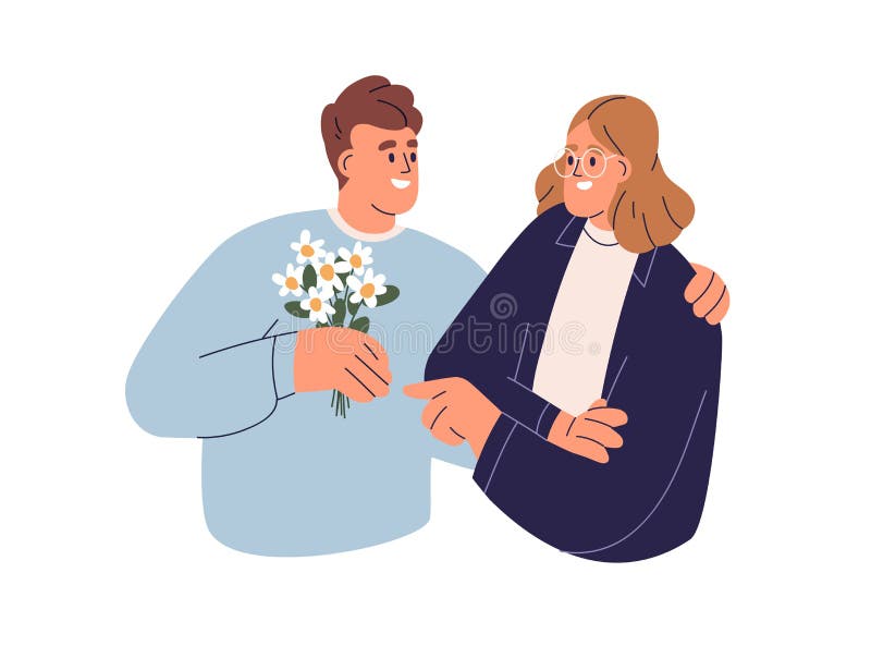 Kärlekspar med blombukettgåva. lycklig man-kvinna med romantiska florgäng vilda kamomiler. pojkvän vektor illustrationer