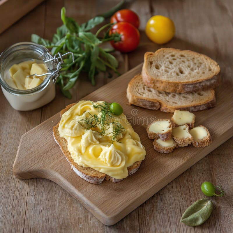 Käse auf handwerklichem Brot mit frischem Gemüse auf rustikalem Holzbrett stock abbildung
