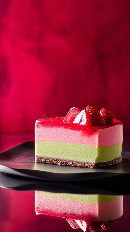 Käsecake-Dessert mit Erdbeeren auf einer dunklen Platte vor einem lebendigen roten Hintergrund. Generative KI vektor abbildung