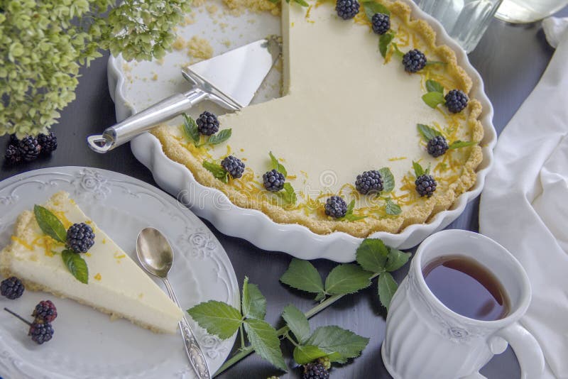 Käsekuchen verziert mit Brombeeren und tadellosen Blättern auf einem großen weißen Teller lizenzfreies stockfoto Käsekuchen verziert mit Brombeeren und tadellosen Blättern auf einem großen weißen Teller lizenzfreies stockfoto