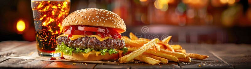 Käseseburger mit goldenen Pommes frites und Soda. generative Hilfe. hohe Bildqualität
