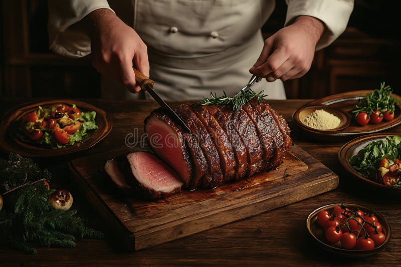 Köchin Schnitzen köstlich geröstete prima rib Abendessen stock abbildung