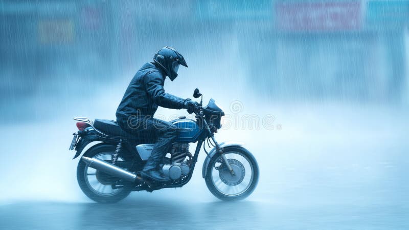 Kör tung regn på en motorcykel i stadstrafik stock illustrationer