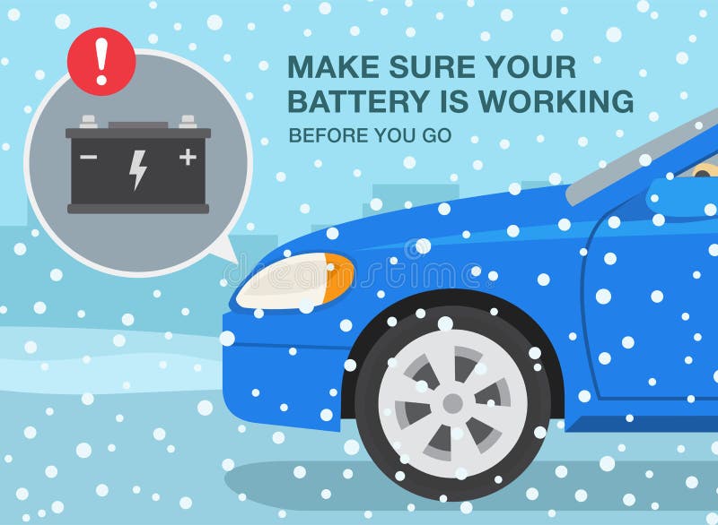 Körning under vintersäsong. kontrollera att batteriet fungerar innan du går. stängsida av bil med bil på snowväg. stock illustrationer