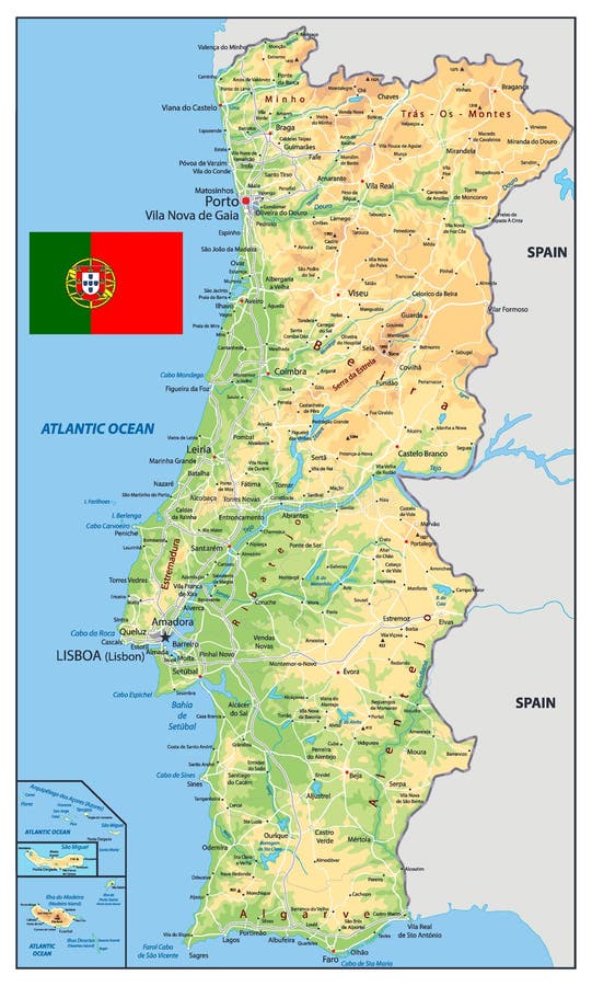 K?rperliche Karte Portugals Lokalisiert Auf Wei? Vektor Abbildung