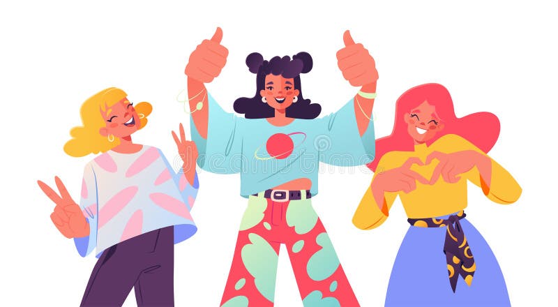Body language concept. Joyful friendly teenage girls showing hand gestures, heart, thumbs up and victory symbol. Vector illustration with bright female characters. Body language concept. Joyful friendly teenage girls showing hand gestures, heart, thumbs up and victory symbol. Vector illustration with bright female characters