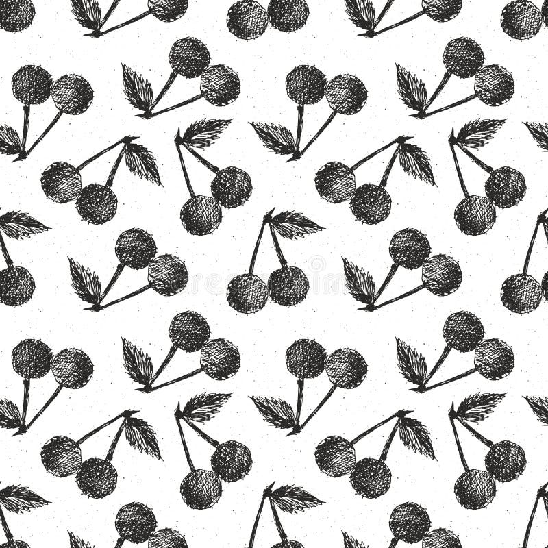 Körsbär räcker den utdragna sömlösa modellen, illustration för fruktbakgrundsvektor stock illustrationer Körsbär räcker den utdragna sömlösa modellen, illustration för fruktbakgrundsvektor stock illustrationer