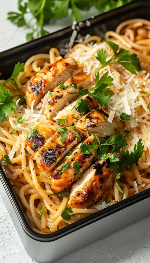 Köstliche Bento Box mit cremiger Pasta gegrillter Hühnerparmesan und frischer Kräutergarnish stock abbildung
