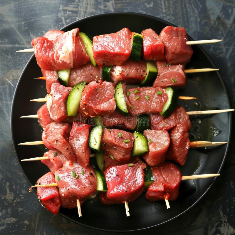 Köstliche Bq-Spieße mit saftigen Stücken Fleisch und frisch grünem Gemüse. perfekt für Grill- und Freiluftfeiern stockfotografie