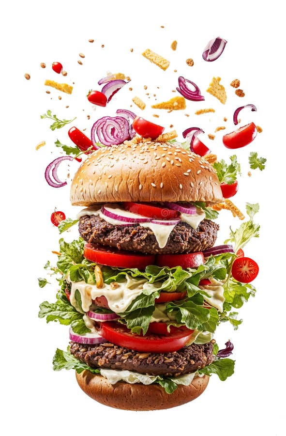 Köstliche Burger hoch gestapelt mit frischem Gemüse Saucen und Toppings generativ ai stock abbildung