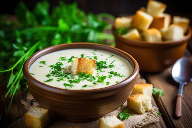 Köstliche cremige Knoblauchsuppe mit Croutons und Chives für Gourmetessen lizenzfreie abbildung
