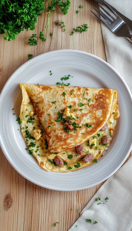 Köstliche Dreieckskreppe gefüllt mit Ei-Würste und Käse, gegart mit frischen Kräuter auf Holz vektor abbildung