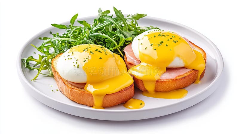 Köstliche Eier auf einem Teller mit gekochtem Schinken und frischem, mit reichhaltiger Hollandaise-Sauce getränktem Arugula lizenzfreie abbildung