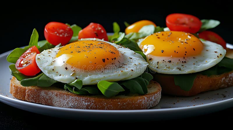 Köstliche Eier auf Toast mit frischem Salat und Kirschtomaten, perfekt für Frühstück oder Brunch lebhaften und gesunden Mahlzeiten lizenzfreie abbildung